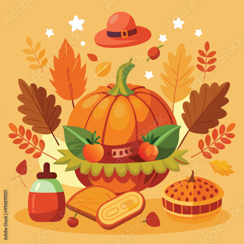 Thanksgiving theme illustration with a large central pumpkin surrounded by autumn leaves. Generative AI. photo