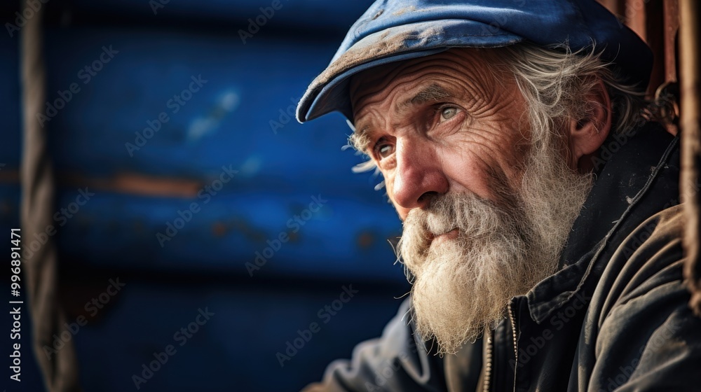 An elderly man with a deep, contemplative expression, wearing a blue cap, set against a rustic blue background, capturing wisdom and life's stories. An elderly man with a deep, contemplative expression, wearing a blue cap, set against a rustic blue background, capturing wisdom and life's stories.