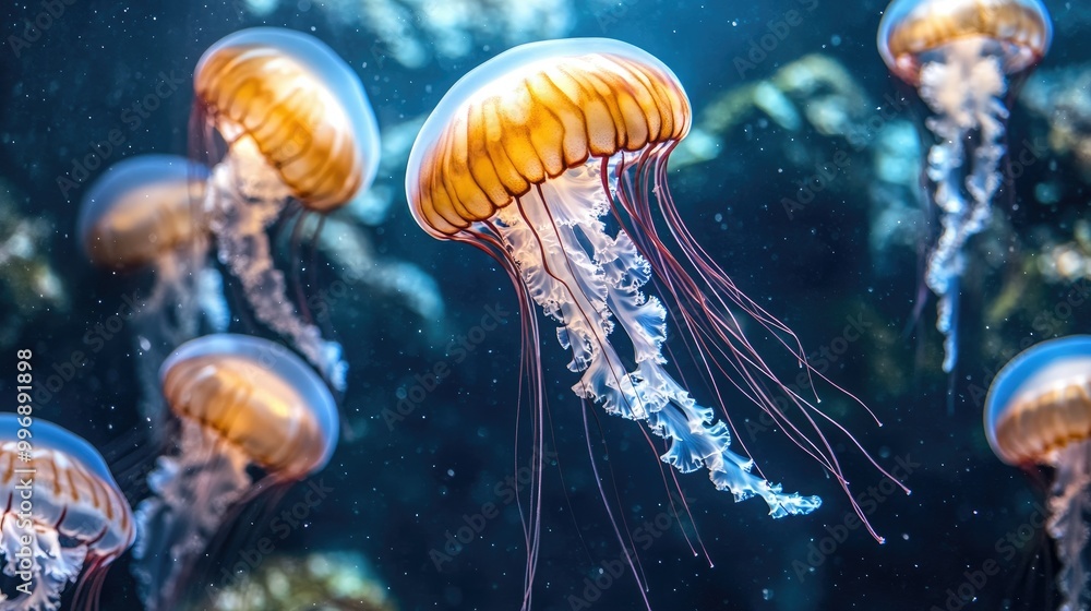 Group of jellyfish pulsating together in an aquarium, with the background offering room for text. Group of jellyfish pulsating together in an aquarium, with the background offering room for text.