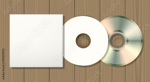 Blank disk and case template. Blank mockup on woodenbackground. Graphic design element. Add your own background, text, logo, or any other design. Vector illustration.