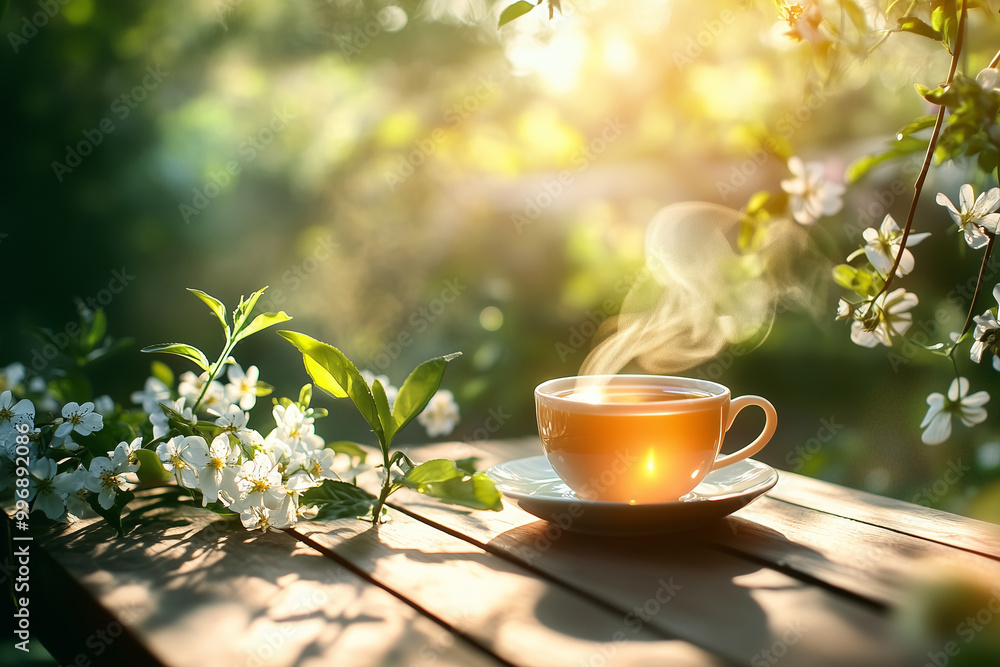 Steaming cup of oolong tea on table with natural light Steaming cup of oolong tea on table with natural light