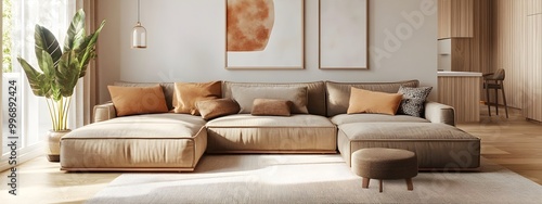 Warm and relaxing modern living room featuring a deep plush sectional sofa in a calming color hue minimalist yet elegant decor with natural wood elements bright and airy atmosphere