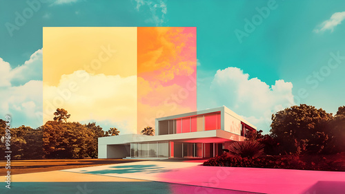 A striking blend of contemporary architecture and surreal colour play, where bold geometric shapes meet dreamlike hues, creating a captivating and futuristic landscape photo