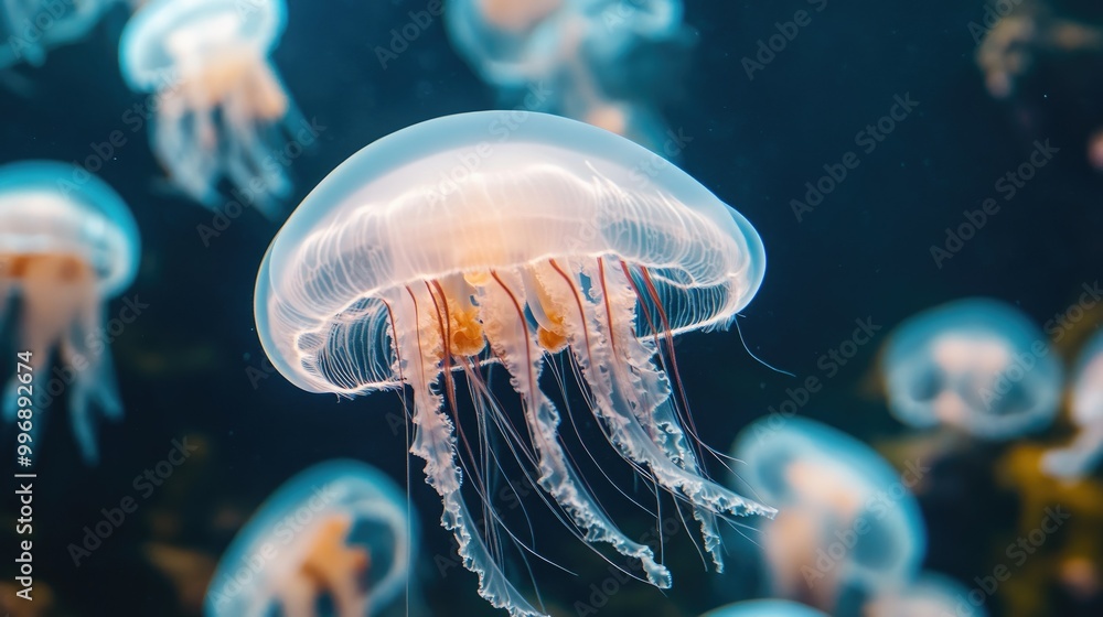 Jellyfish gliding through an aquarium tank, with glassy water providing ample room for text. Jellyfish gliding through an aquarium tank, with glassy water providing ample room for text.