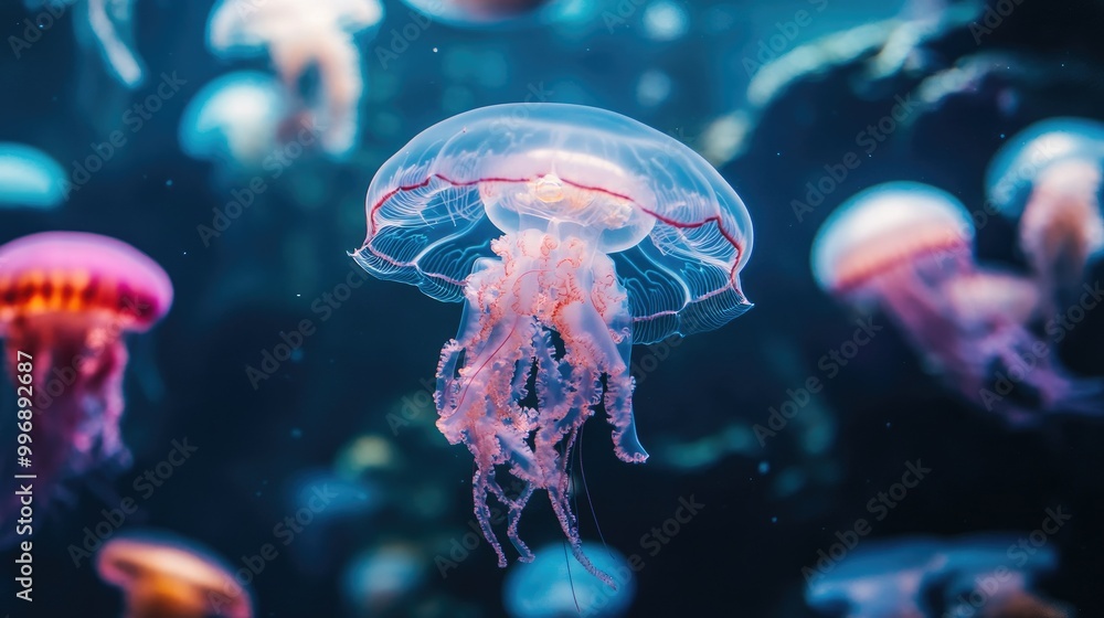 Naklejka premium Jellyfish gliding through an aquarium tank, with glassy water providing ample room for text.