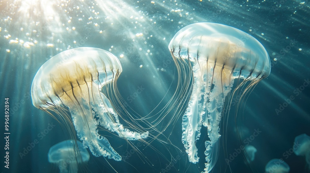 Jellyfish illuminated by sunlight streaming through the water, with open space for text. Jellyfish illuminated by sunlight streaming through the water, with open space for text.