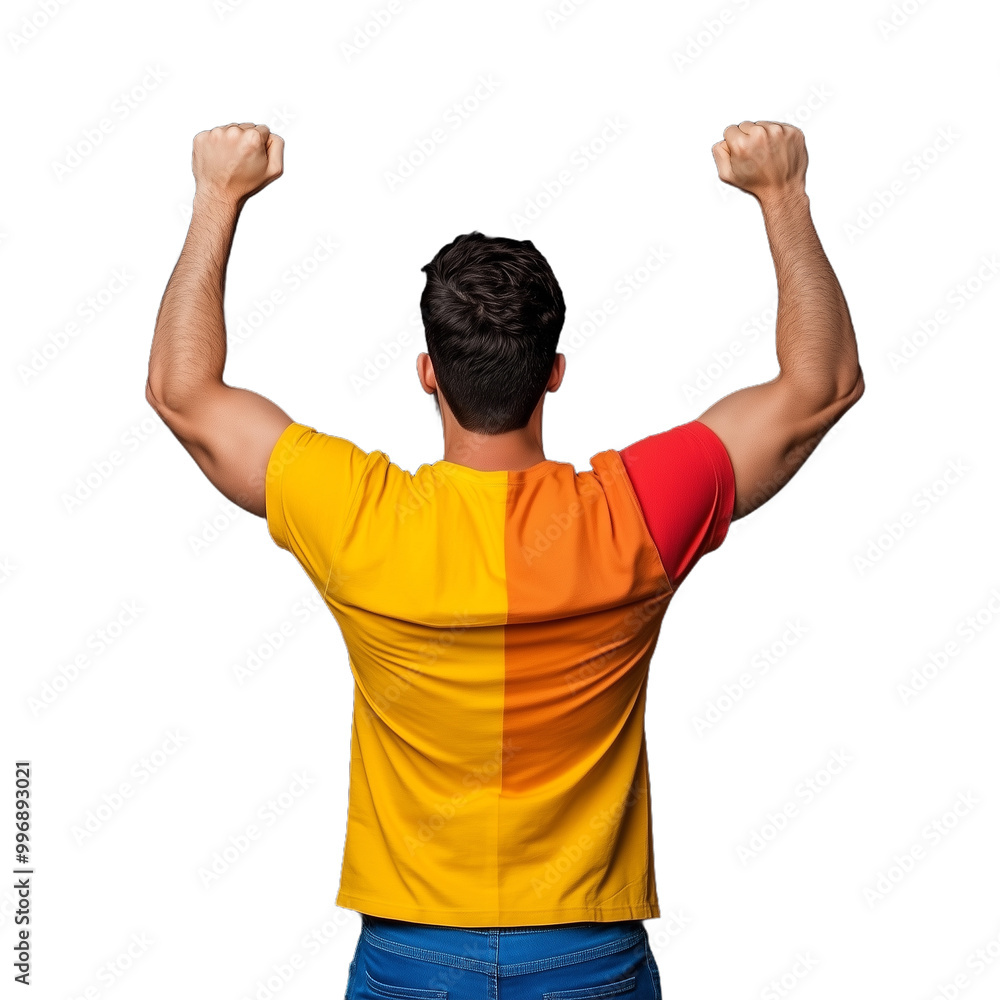 Rear view of man wearing colorful tshirt raising arms in victory on transparent background