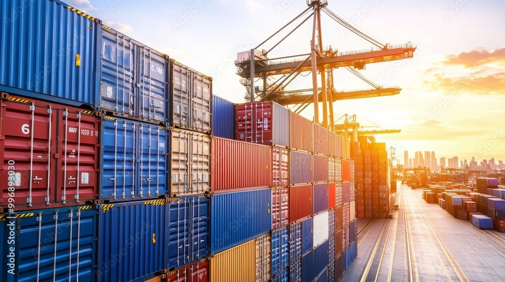 Fototapeta premium Towering Towers of Trouble: Piled-up Shipping Containers Expose Economic Fallout of Strike