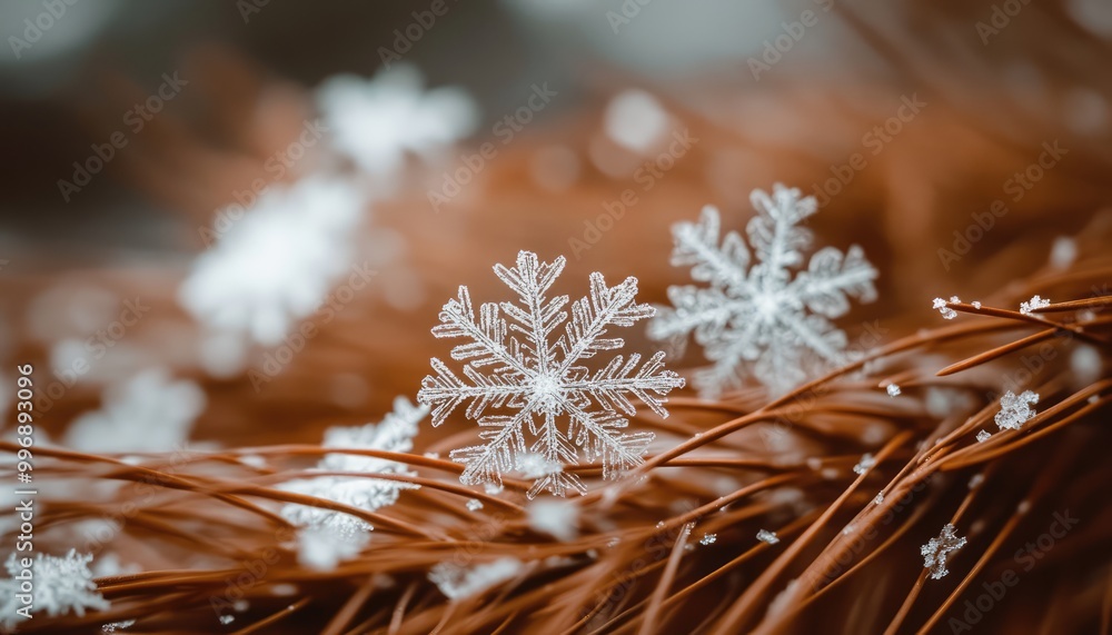 Snowflake closeup, winter nature photography, snow crystals, winter frost, pine needles and snowflakes, frozen beauty, macro snowflake photography. Snowflake closeup, winter nature photography, snow crystals, winter frost, pine needles and snowflakes, frozen beauty, macro snowflake photography.