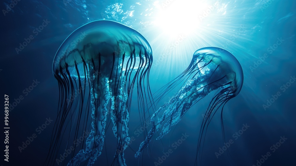 Jellyfish silhouetted by the sun from underwater, with a clear sky above for copy space. Jellyfish silhouetted by the sun from underwater, with a clear sky above for copy space.