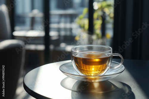 Steaming cup of oolong tea on table with natural light