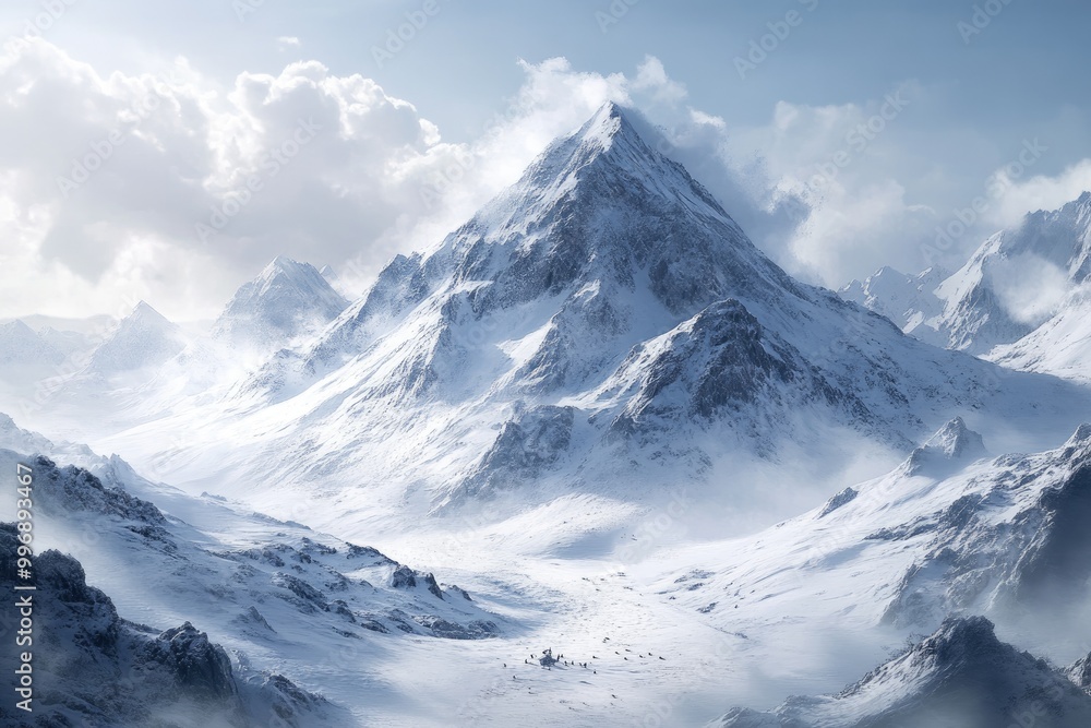 Majestic Snowy Mountain Range with Clouds and a Valley Majestic Snowy Mountain Range with Clouds and a Valley