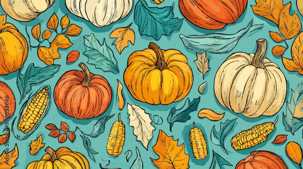 Vibrant Autumn Hand-Drawn Pumpkin and Harvest Pattern Vibrant Autumn Hand-Drawn Pumpkin and Harvest Pattern