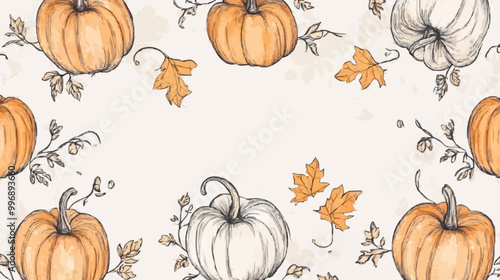 Hand-Drawn Pumpkins with Slices and Seeds on Beige Background