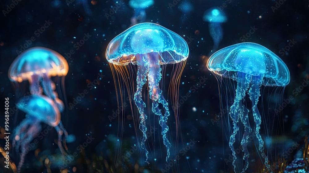 Multiple jellyfish glowing in a dark underwater scene, with space for copy in the water. Multiple jellyfish glowing in a dark underwater scene, with space for copy in the water.