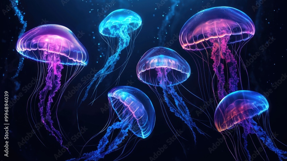 Multiple jellyfish glowing in a dark underwater scene, with space for copy in the water. Multiple jellyfish glowing in a dark underwater scene, with space for copy in the water.