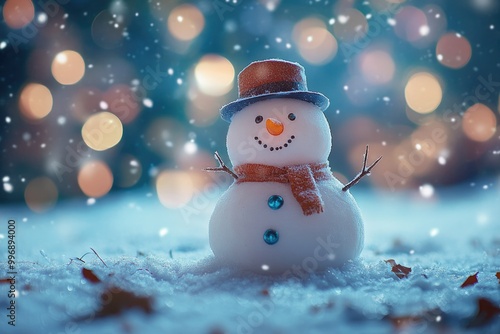 A Frosty Snowman Standing in the Snow With a Scarf and a Hat