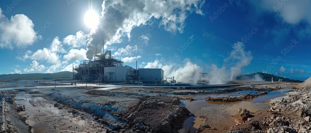 Fototapeta premium Geothermal Energy Plant Operations in Scenic Landscape