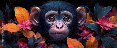 a playful monkey peeking through vibrant jungle foliage rendered in a unique generative art style showcasing color and whimsy in a natural setting photo