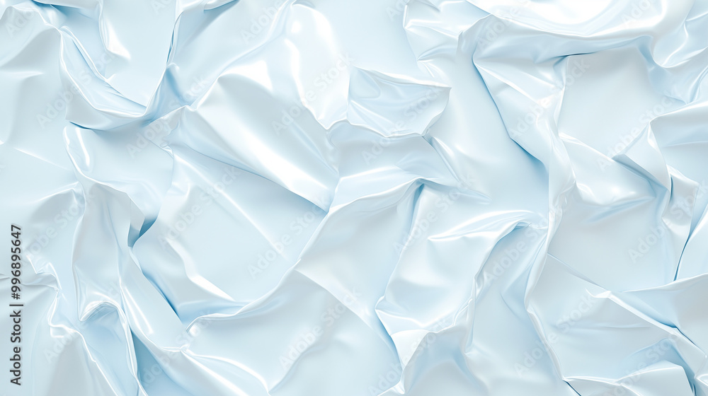 Fototapeta premium Crumpled plastic surface. Abstract glossy 3 texture of plastic bag with folds. White abstract background, modern minimalist backdrop design.
