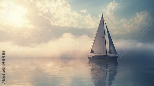 Sailboat on a misty morning, with fog creating a serene atmosphere and space for text.