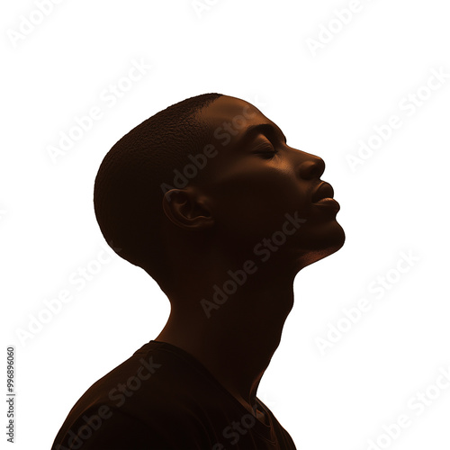 Side profile of a man with shaved head looking upwards on a transparent background photo