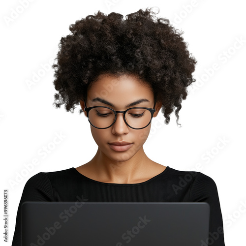 Woman with curly hair and glasses working on a laptop on a transparent background