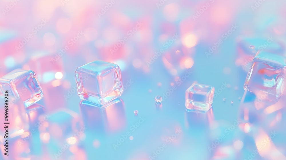 Abstract background with ice cubes. Creative backdrop with 3d elements in pink and blue gradient. Trendy abstract design with geometric shapes with shiny transparent texture. Artwork in Y2K motif. Abstract background with ice cubes. Creative backdrop with 3d elements in pink and blue gradient. Trendy abstract design with geometric shapes with shiny transparent texture. Artwork in Y2K motif.