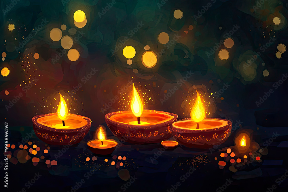 illustration Clay Diya lamps lit during Diwali, Hindu festival of lights celebration. Colorful traditional oil lamp diya and colorful background illustration Clay Diya lamps lit during Diwali, Hindu festival of lights celebration. Colorful traditional oil lamp diya and colorful background