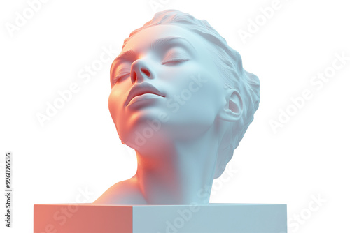 Isolated sculpture - bust of a young woman in Y2K motif. 3D render of sculpture of a woman under gradient lighting, modern art. Design element on transparent background.