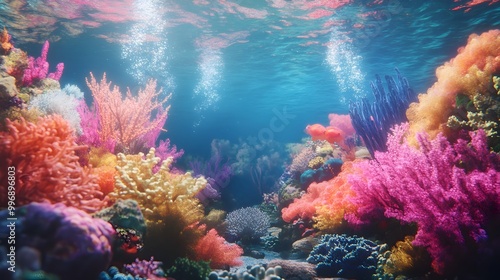 Stunning underwater landscape featuring a vibrant and diverse coral reef ecosystem teeming with marine life in a tropical ocean environment