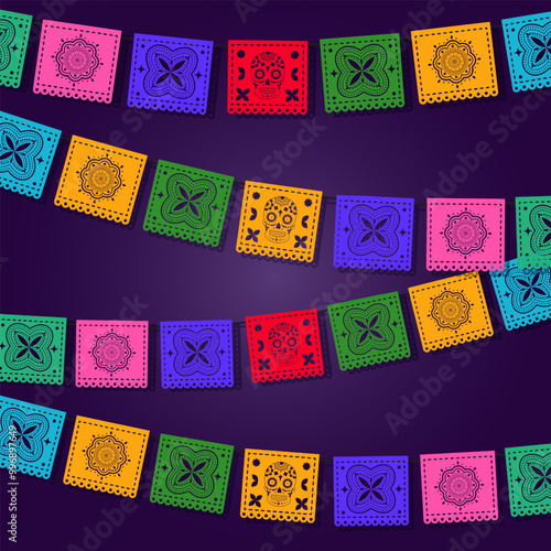 Dia de Los Muertos - Day of the Dead celebration banner, background, card with colorful mexican traditional paper cutting flags - papel picado.