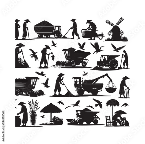 traditional agricultural harvesting silhouette illustrations