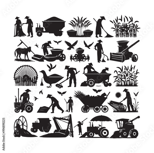 traditional agricultural harvesting silhouette illustrations