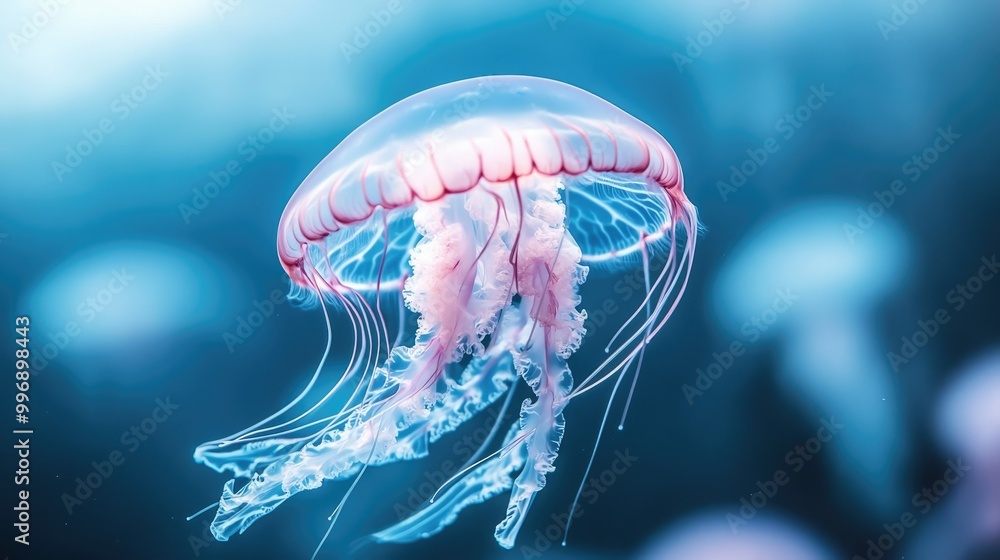 Transparent jellyfish drifting gracefully in a calm ocean, with a clear backdrop for copy. Transparent jellyfish drifting gracefully in a calm ocean, with a clear backdrop for copy.