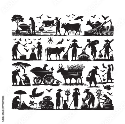 traditional agricultural harvesting silhouette illustrations