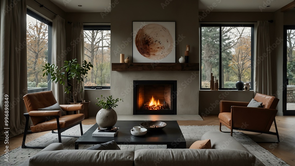 Obraz premium Cozy living room with a fireplace and wall art.