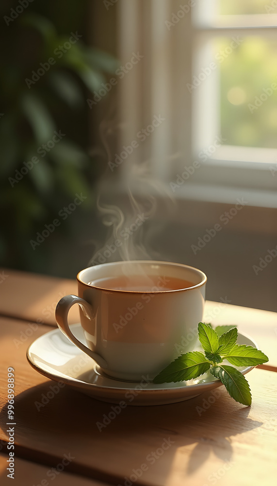 Steaming coffee cup with mint leaves in soft natural light by window Steaming coffee cup with mint leaves in soft natural light by window