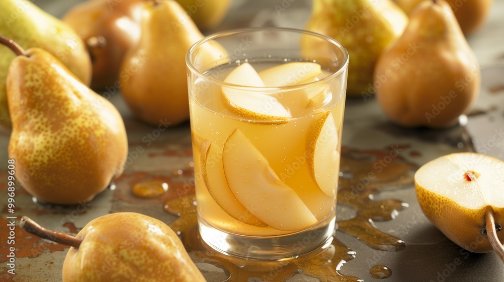 A clear glass of pear juice with pear slices inside, surrounded by whole pears A clear glass of pear juice with pear slices inside, surrounded by whole pears
