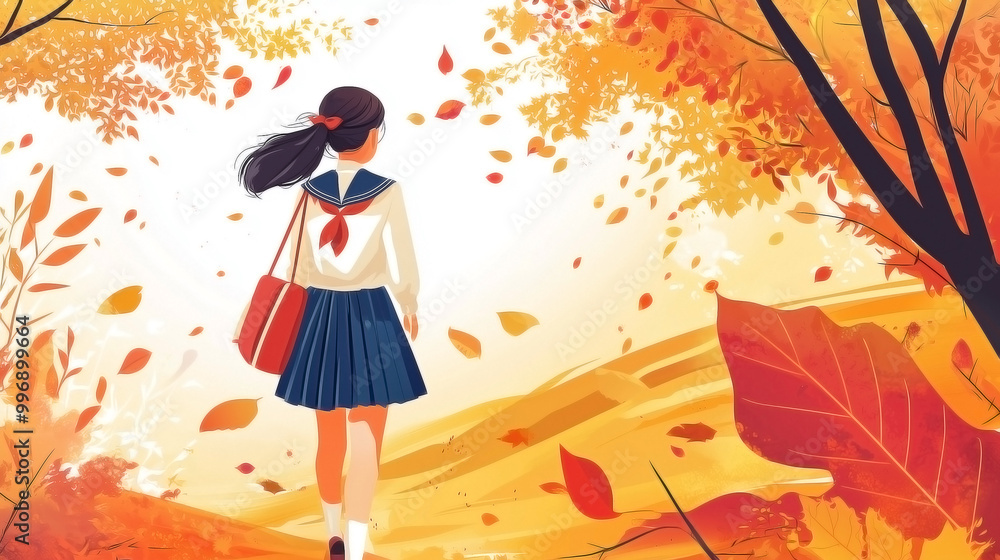 illustration of a schoolgirl wearing a traditional sailor uniform, walking to her school illustration of a schoolgirl wearing a traditional sailor uniform, walking to her school