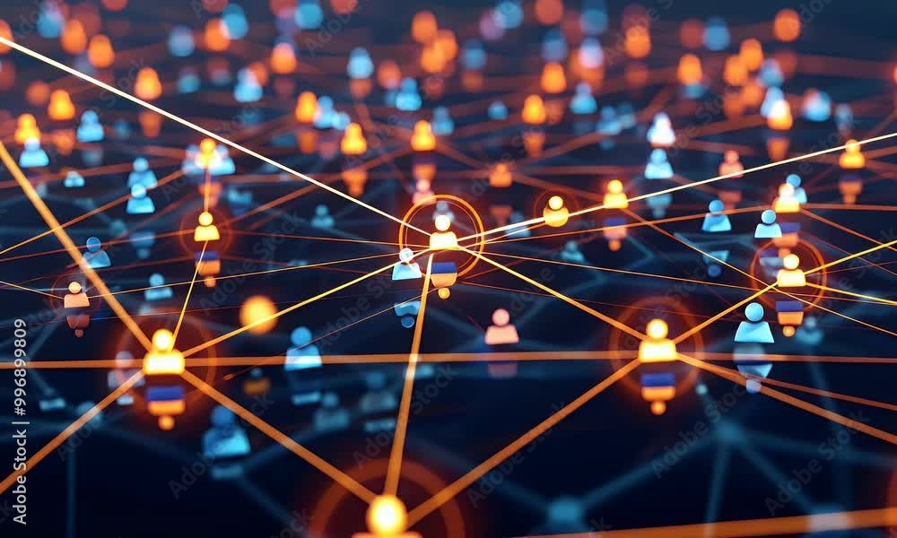 4K animation showcasing a global network of interconnected people, with glowing icons on a dark background, representing social connections and digital networking on a global scale.