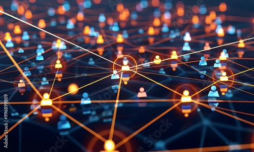 4K animation showcasing a global network of interconnected people, with glowing icons on a dark background, representing social connections and digital networking on a global scale.