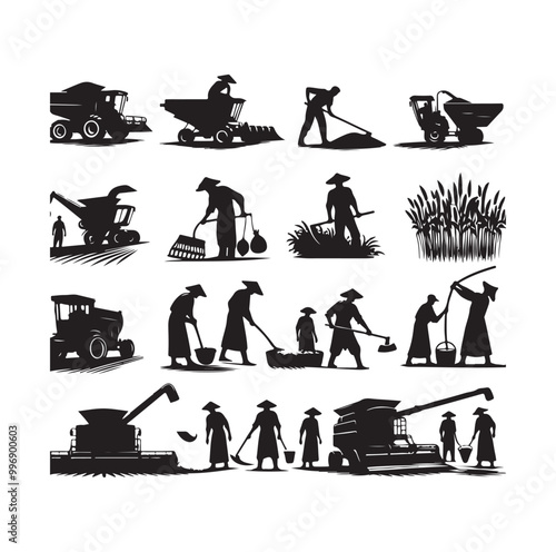 traditional agricultural harvesting silhouette illustrations