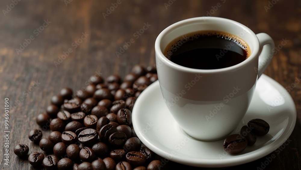 Cup of black coffee with coffee beans. Cup of black coffee with coffee beans.