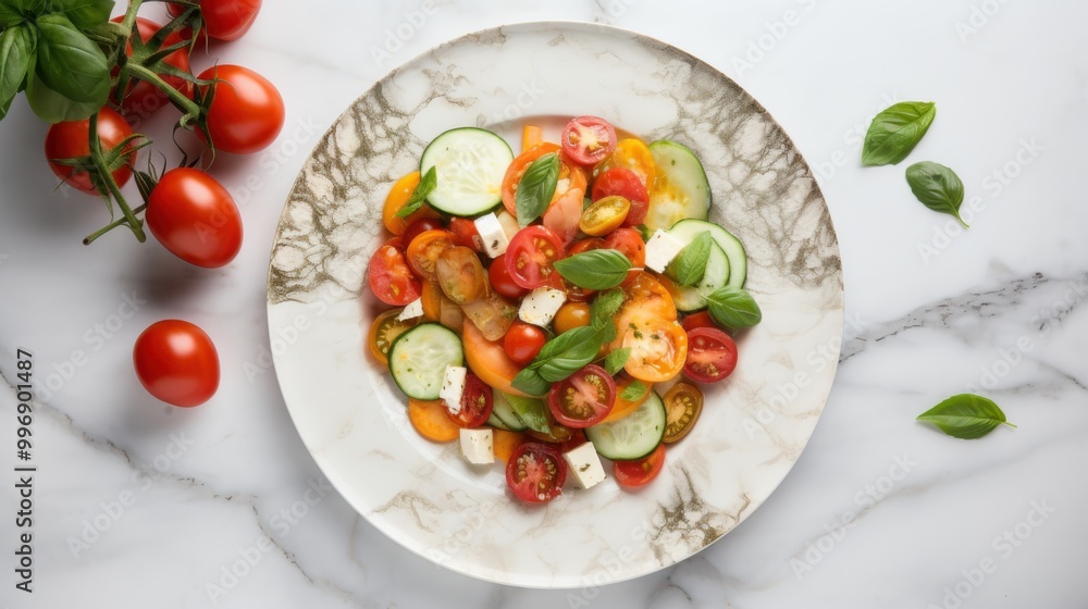 A colorful, fresh salad composed of cucumbers, tomatoes, feta, and basil is artfully displayed on a white marble surface, highlighting healthy eating and vibrant flavors. A colorful, fresh salad composed of cucumbers, tomatoes, feta, and basil is artfully displayed on a white marble surface, highlighting healthy eating and vibrant flavors.