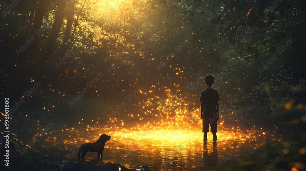 Boy and his puppy standing at the edge of a glowing pond in the forest Boy and his puppy standing at the edge of a glowing pond in the forest