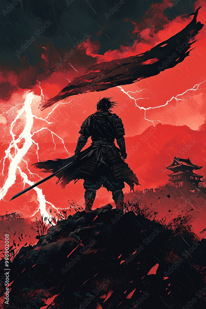 A lone samurai warrior standing on a hill with katana in hand, facing a stormy battlefield with lightning splitting a red sky, traditional armor, mountains, and an ominous fortress in the distance A lone samurai warrior standing on a hill with katana in hand, facing a stormy battlefield with lightning splitting a red sky, traditional armor, mountains, and an ominous fortress in the distance