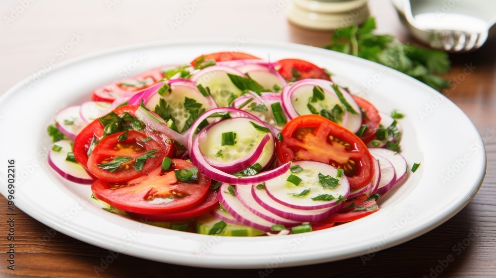 A vibrant salad with fresh tomato slices, red onion, cucumber, and herbs on a crisp white plate, showcasing a healthy and colorful dish. A vibrant salad with fresh tomato slices, red onion, cucumber, and herbs on a crisp white plate, showcasing a healthy and colorful dish.