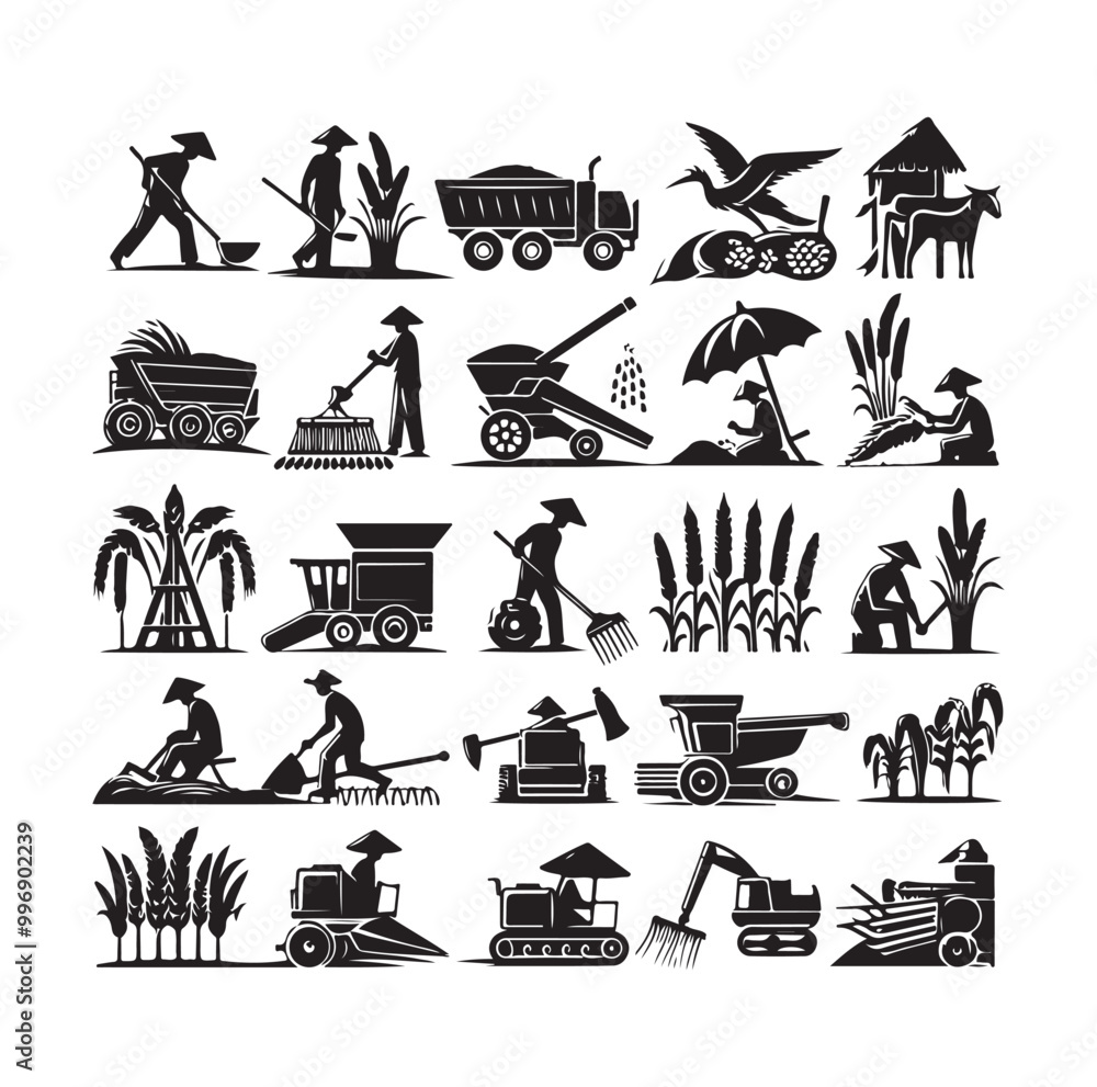 Obraz premium traditional agricultural harvesting silhouette illustrations