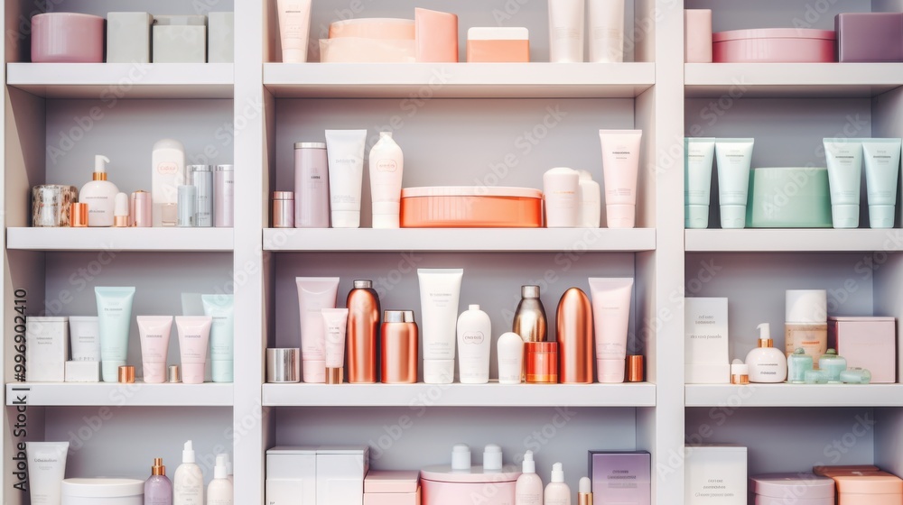 Shelves filled with neatly arranged beauty products in various pastel and metallic hues, creating an aesthetically pleasing and organized display. Shelves filled with neatly arranged beauty products in various pastel and metallic hues, creating an aesthetically pleasing and organized display.